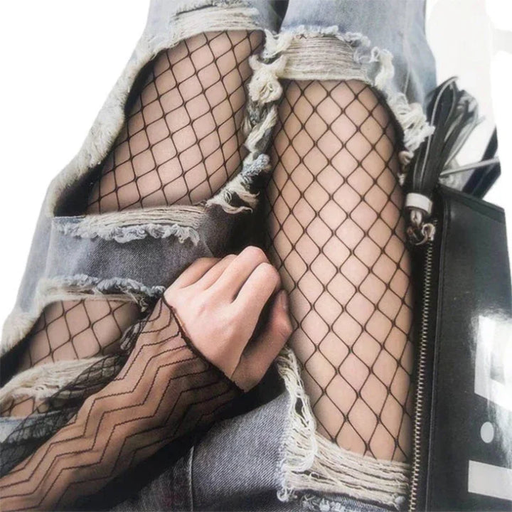 Meias arrastão de cintura alta sexy femininas, meia-calça de malha, meia-calça de malha, jeans rasgado, meias longas, lingerie quente