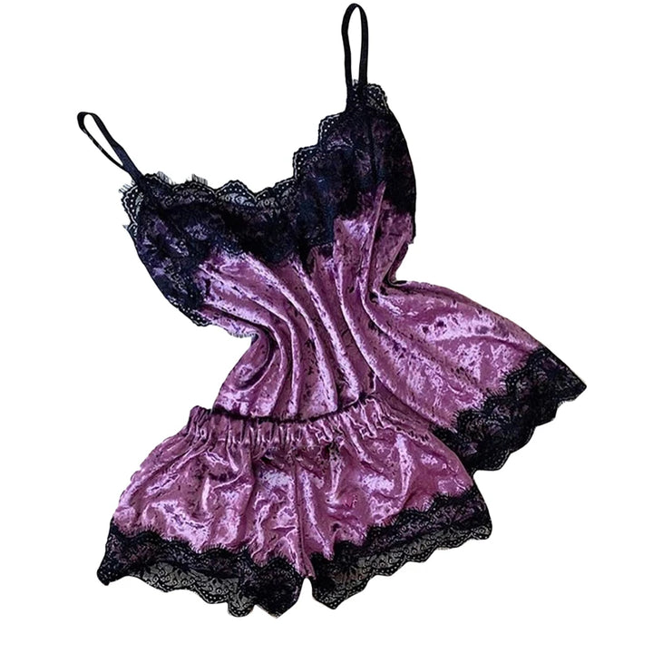 Pijama feminino, moda, decote em V, cetim elástico, babydoll, renda, lingerie sexy, laço, pijama, shorts, conjunto de 2 peças, roupa de dormir