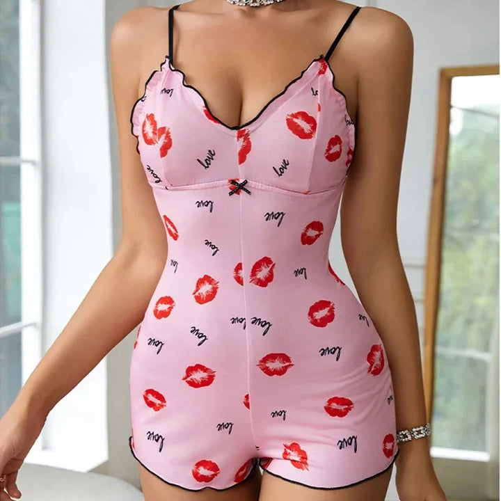 Pijama feminino, pijama de uma peça, estampa de lábios vermelhos, sem mangas, pijama curto, adulto, suspensórios com decote em V, pijama engraçado, body