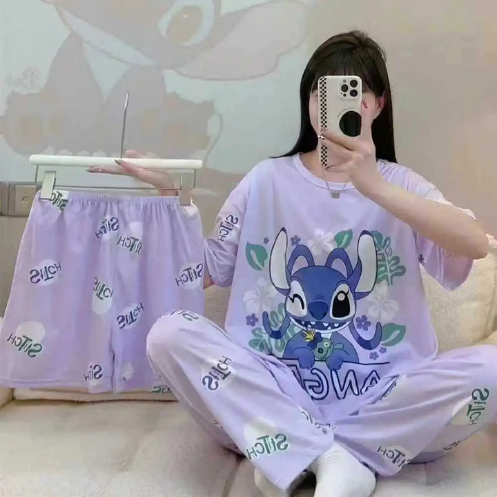 Conjunto de pijamas femininos novos de três peças para casa, pijamas fofos, desenho animado, lazer, conjunto de pijamas femininos para casa