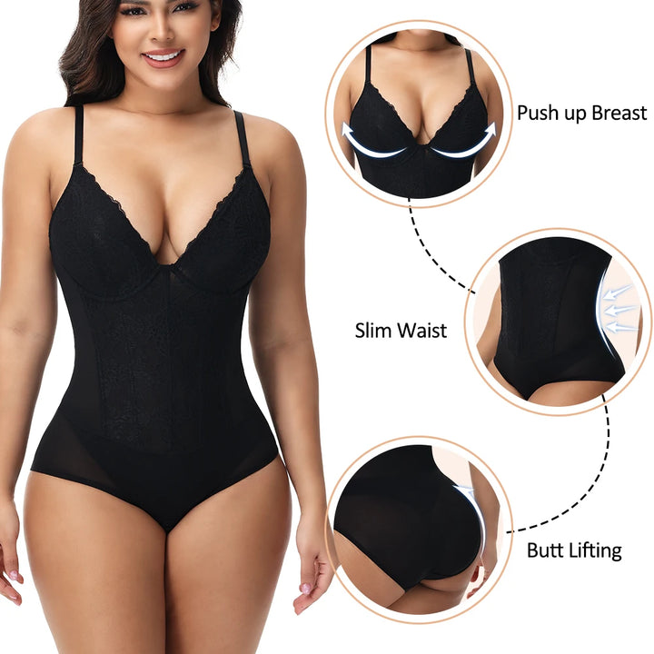 Mulheres Renda Shapewear Bodysuit Underwire Tummy Control Corporal Completo Shaperwear V-Neck Corset Top Macacão Briefer Lingerie Sexy Wear