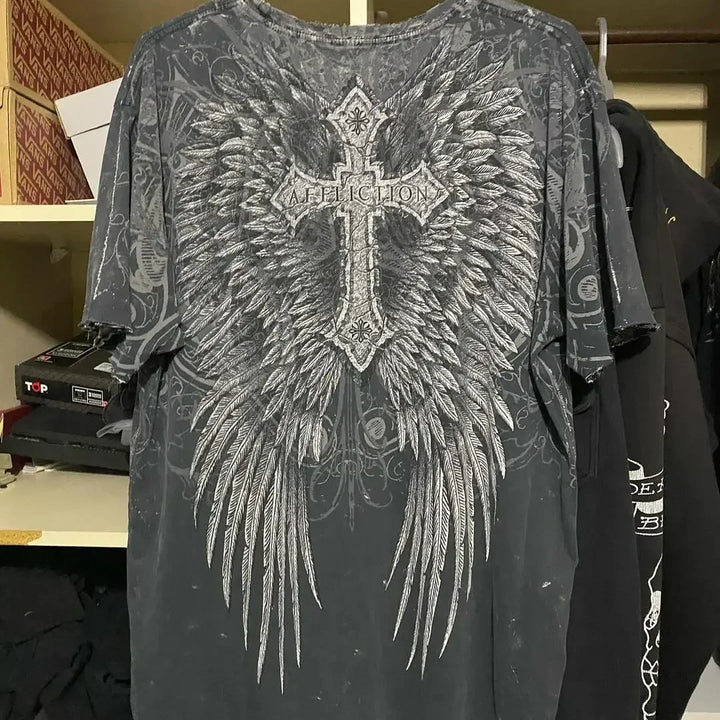 Camiseta Y2K Affliction Hip Hop Gola Redonda Grande Manga Comprida Camiseta Novas Roupas Casuais Masculinas e Femininas Góticas Tops Streetwear