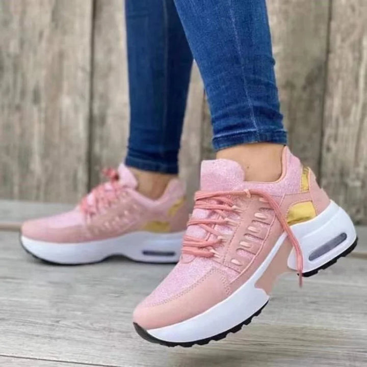 Sapatos femininos primavera e outono novos sapatos casuais respiráveis ​​de malha ao ar livre leves antiderrapantes salto cunha tênis de sola grossa