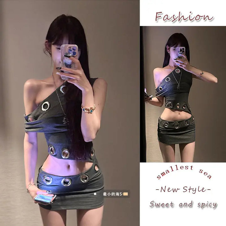 Vestido curto sexy feminino de um ombro só, com ilhós vazados, decoração bodycon, design slim fit, Y2K, festa de clube, roupa de dormir, roupa de verão 2025