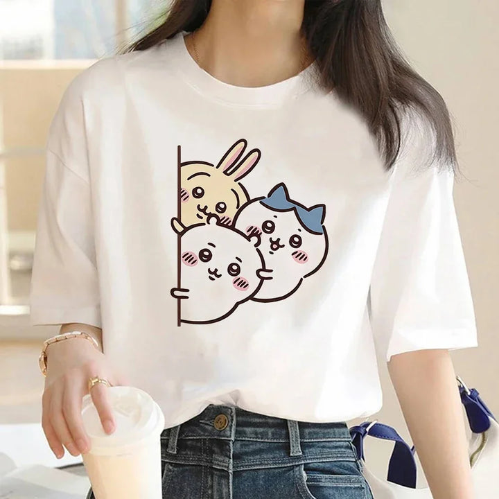 Roupas femininas Chiikawa Desenho animado Verão Impressão Roupas Mulheres Branco Gráfico Moda Feminina Streetwear Casual Tops Tee
