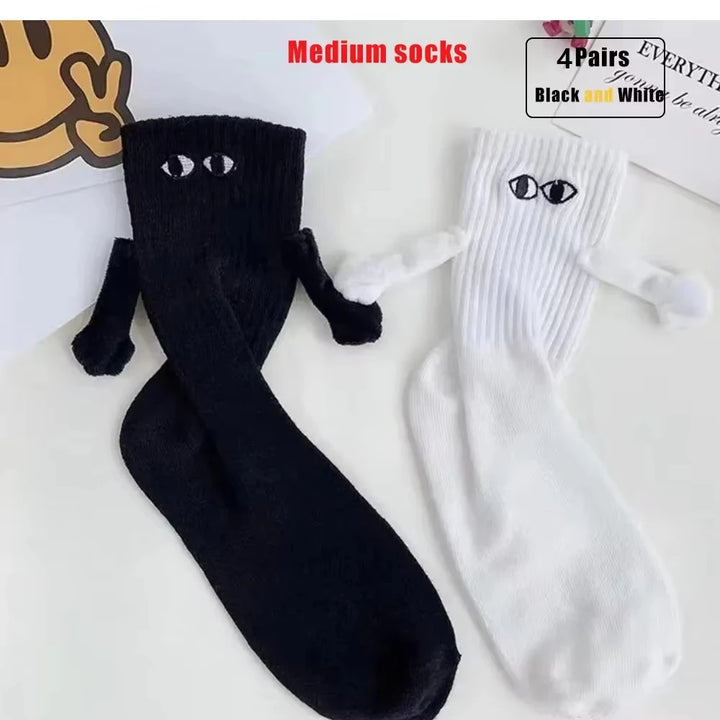 2 pares de meias criativas que absorvem o suor e podem segurar as mãos, amantes da moda, amigos, família, desenho animado 3D, homens, mulheres, meias