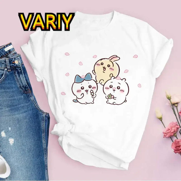 Camiseta Sweet Girls Anime Chiikawa Manga Curta Feminina Harajuku Tee Impressão Desenho Animado Coreano Camiseta Branca Feminina Top Roupas