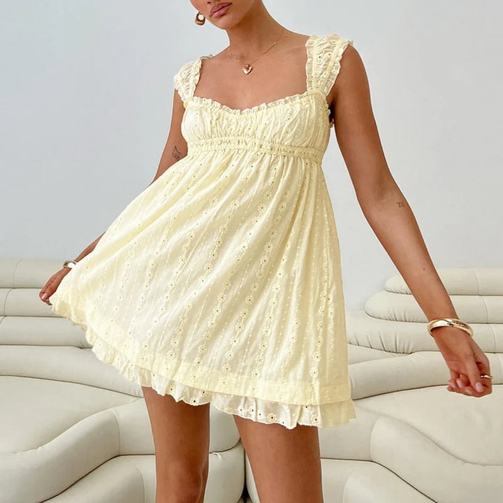 Vestido Babydoll Feminino Sem Costas Jacquard Ilhós Babado Bainha Vestido Vintage Renda Decote Quadrado Babado Busto Cintura Alta A-Line Vestido de Verão