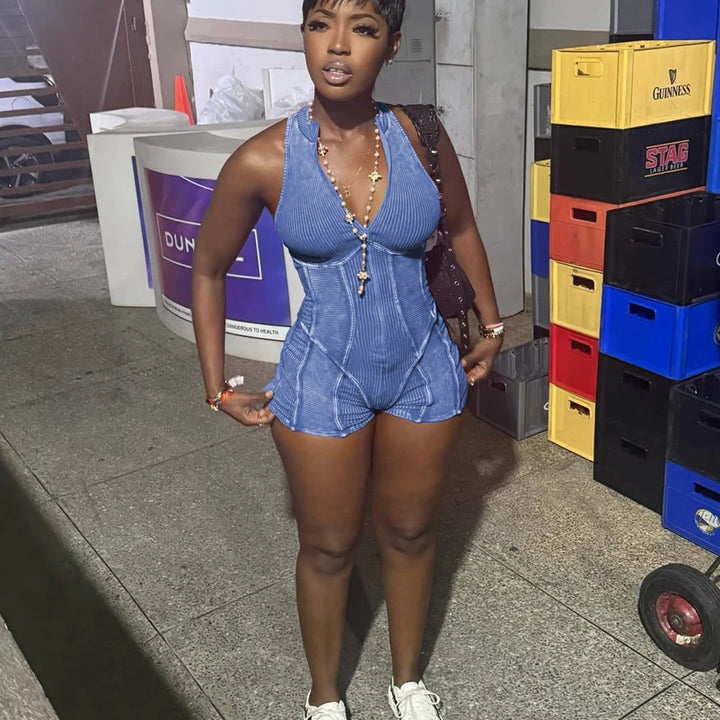 Mulheres Ribbed 1 Peça Macacão 2025 Verão Casual Lavado Retro Playsuits Roupas de Rua Sexy V Neck Sem Mangas Bodycon Macacões