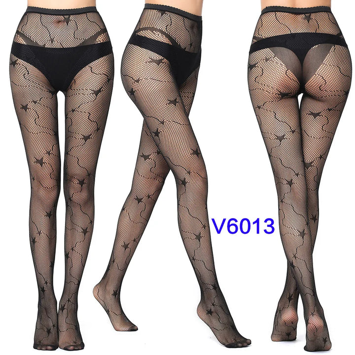 Meias-calças femininas sexy arrastão, trama jacquard, sem costura, fios, ligas, malha de peixe, meias pretas, aranha, renda gótica