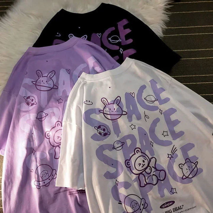 Camiseta feminina estampa urso grafite manga curta espaço grande camiseta solta estilo retrô harajuku casal camisa tops y2k