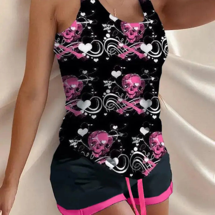 Pijama feminino 2 peças Halloween caveira mãos estampa casual decote em U sem mangas top e cordão acima do joelho pijamas conjunto 2022 verão