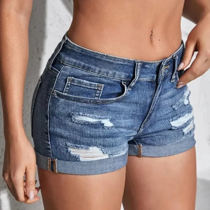 Shorts jeans femininos divididos, verão, praia, moda selvagem, sexy, cintura média, punho enrolado, elástico perfurado, ajuste fino, shorts casuais