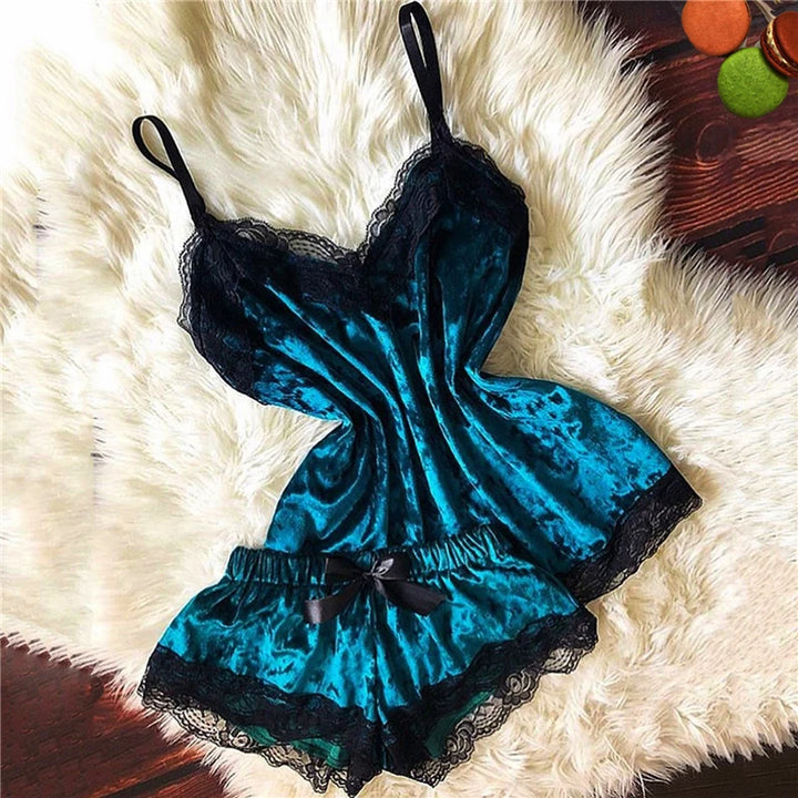 Pijama feminino, moda, decote em V, cetim elástico, babydoll, renda, lingerie sexy, laço, pijama, shorts, conjunto de 2 peças, roupa de dormir