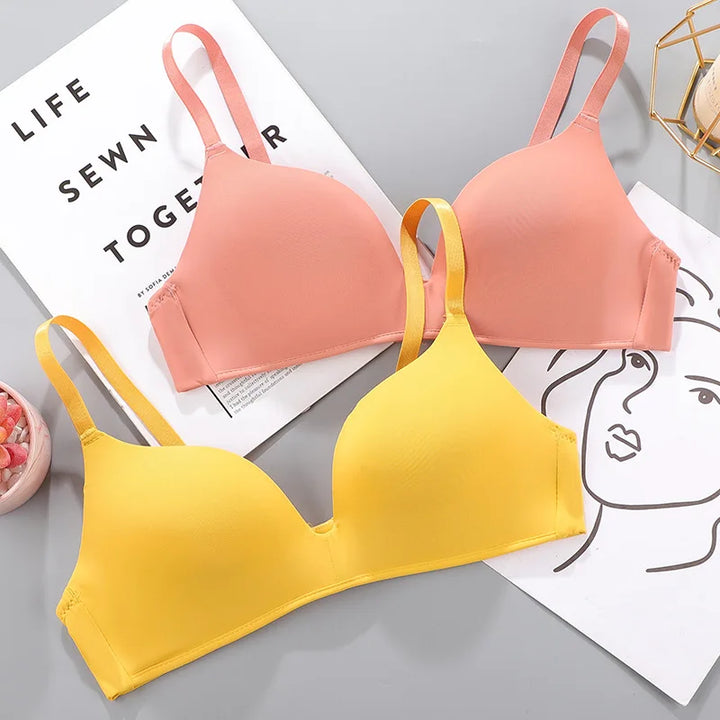 Sutiã sem costura feminino sexy sem aro push up roupa íntima meninas estudantes respirável fino 10 cores sutiãs sutiã feminino respirável franzido