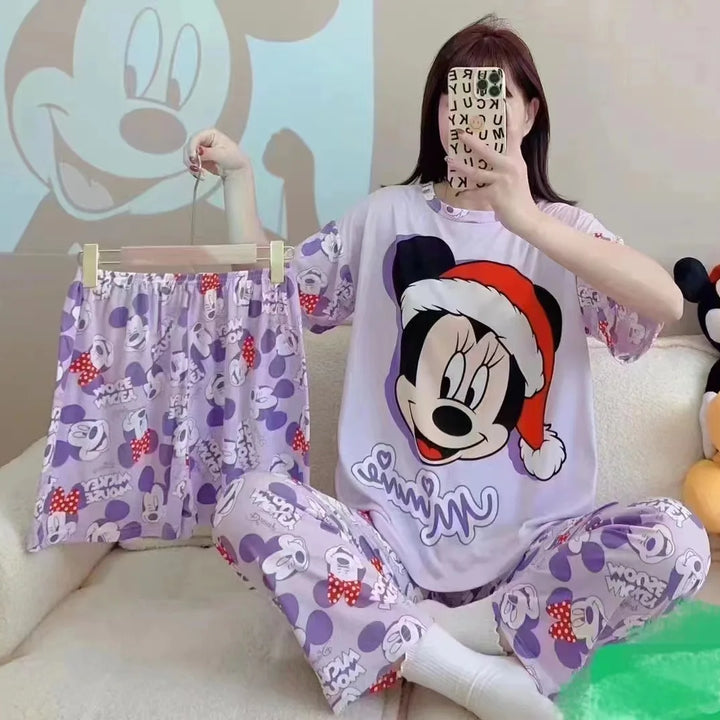 Conjunto de pijamas femininos novos de três peças para casa, pijamas fofos, desenho animado, lazer, conjunto de pijamas femininos para casa