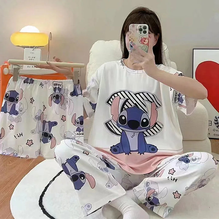Conjunto de pijamas femininos novos de três peças para casa, pijamas fofos, desenho animado, lazer, conjunto de pijamas femininos para casa