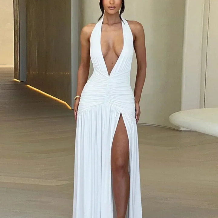 Vestido longo feminino de verão com decote em V profundo, cintura alta, pregas, decote halter, bandagem, costas nuas, túnicas, fenda, branco, festa, vestidos de noite