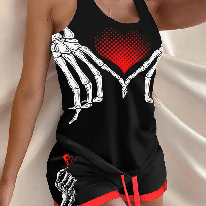 Pijama feminino 2 peças Halloween caveira mãos estampa casual decote em U sem mangas top e cordão acima do joelho pijamas conjunto 2022 verão