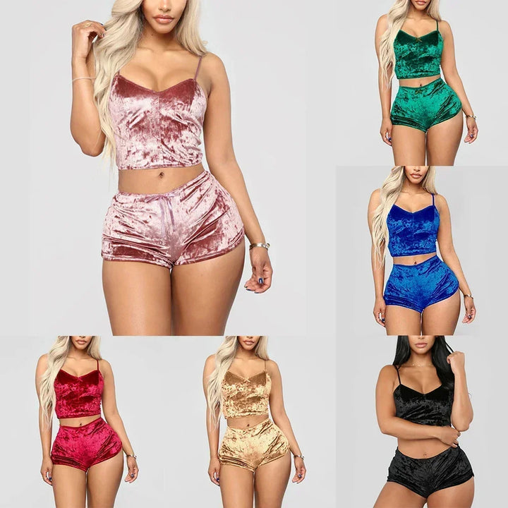 Conjunto de lingerie sexy feminina, roupa de dormir brilhante com óleo, supermacia, curta, sem mangas, top curto, shorts sólidos, conjunto de pijamas, roupa casual