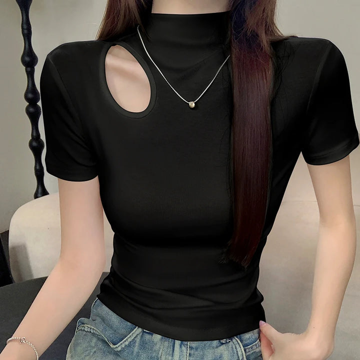Camiseta de gola alta branca de manga curta feminina verão esqueleto malha tops femininos com fios elásticos respiráveis