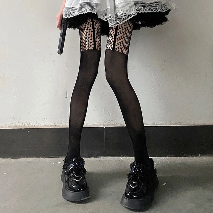 Meias femininas sensuais de malha alta na coxa, meias de malha JK Lolita Punk, para meninas, meias arrastão ocas, meia-calça de nylon Y2K