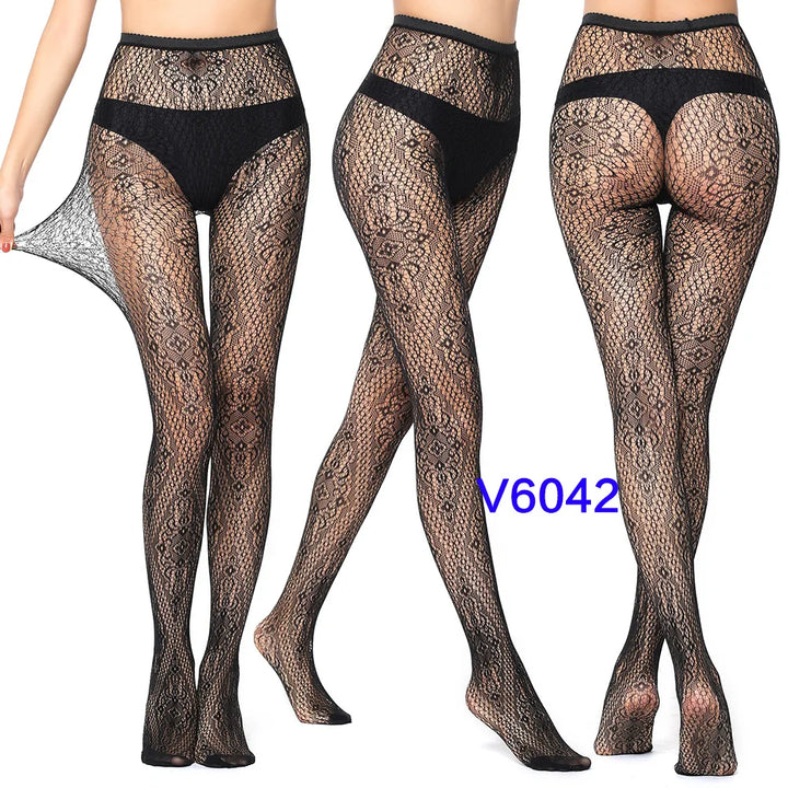 Meias-calças femininas sexy arrastão, trama jacquard, sem costura, fios, ligas, malha de peixe, meias pretas, aranha, renda gótica