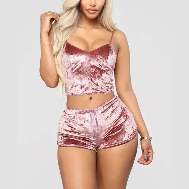 Conjunto de lingerie sexy feminina, roupa de dormir brilhante com óleo, supermacia, curta, sem mangas, top curto, shorts sólidos, conjunto de pijamas, roupa casual