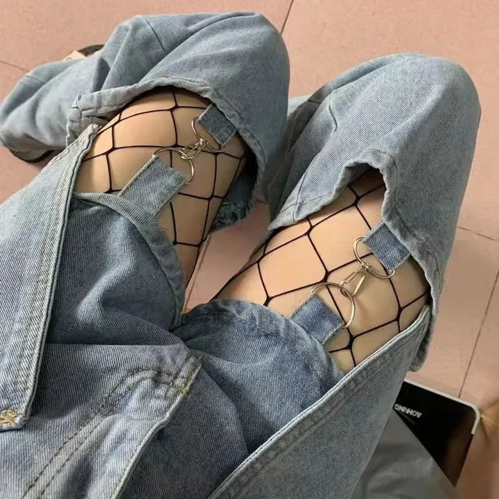 Meias arrastão de cintura alta sexy femininas, meia-calça de malha, meia-calça de malha, jeans rasgado, meias longas, lingerie quente