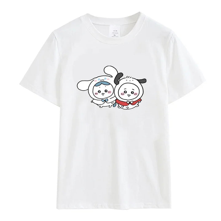 Roupas femininas Chiikawa Desenho animado Verão Impressão Roupas Mulheres Branco Gráfico Moda Feminina Streetwear Casual Tops Tee