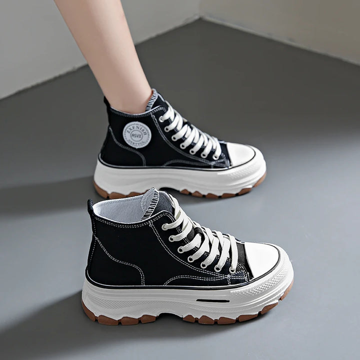 Tênis feminino cano alto com cadarço casual plataforma altura lona antiderrapante resistente ao desgaste 2024 primavera sapatos vulcanizados femininos