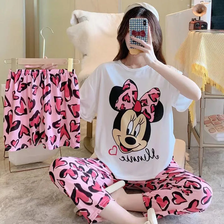 Conjunto de pijamas femininos novos de três peças para casa, pijamas fofos, desenho animado, lazer, conjunto de pijamas femininos para casa
