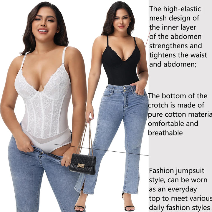 Mulheres Renda Shapewear Bodysuit Underwire Tummy Control Corporal Completo Shaperwear V-Neck Corset Top Macacão Briefer Lingerie Sexy Wear