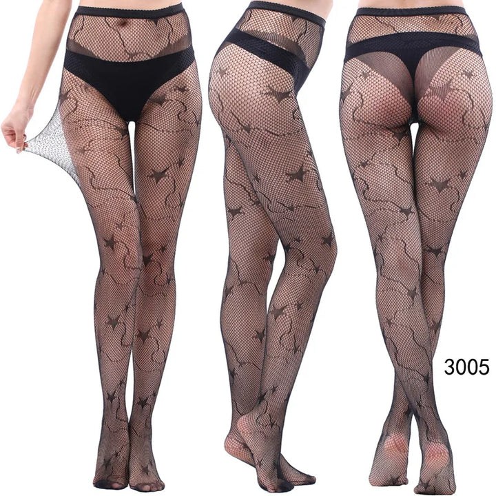 Meias-calças femininas sexy arrastão, trama jacquard, sem costura, fios, ligas, malha de peixe, meias pretas, aranha, renda gótica