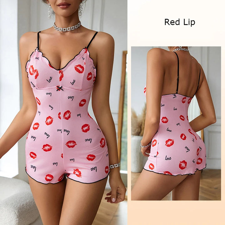 Pijama feminino, pijama de uma peça, estampa de lábios vermelhos, sem mangas, pijama curto, adulto, suspensórios com decote em V, pijama engraçado, body