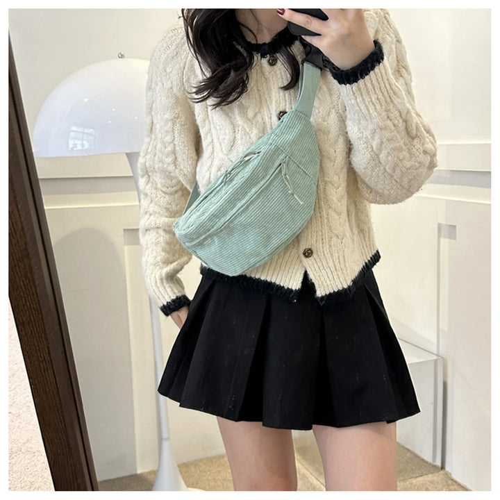 Bolsa de cintura feminina, bolsa de ombro transversal, bolsa de veludo cotelê, bolsa de peito de nicho, bolsa de cinto de banana, bolsa feminina