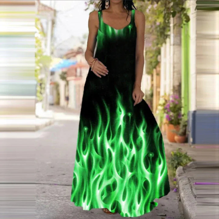 Vestido feminino elegante com estampa de chamas sem mangas, vestido longo casual de verão com estampa