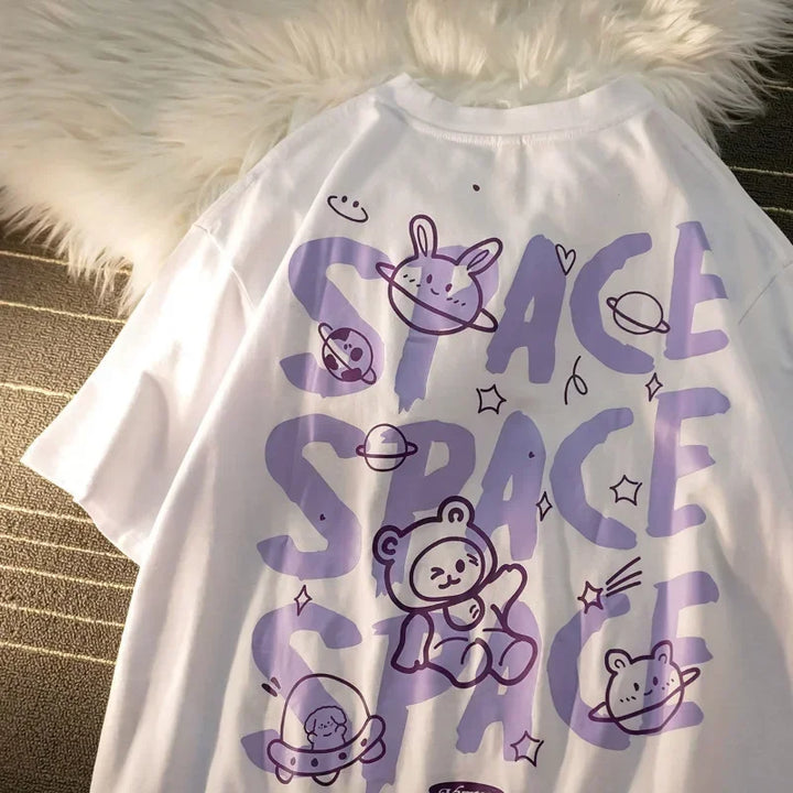 Camiseta feminina estampa urso grafite manga curta espaço grande camiseta solta estilo retrô harajuku casal camisa tops y2k