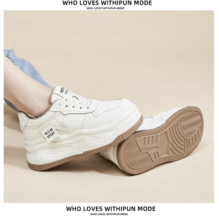Sapatos femininos, aumento de altura feminino 2025, sola grossa, boca rasa, sapatos brancos, sapatos casuais femininos