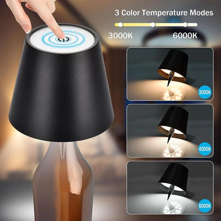 Lâmpada de mesa sem fio para garrafas, controle de toque de 3 cores e escurecimento contínuo, lâmpada noturna adequada para garrafas de vinho de bar, luzes de mesa