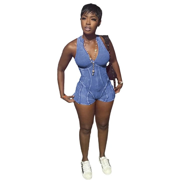 Mulheres Ribbed 1 Peça Macacão 2025 Verão Casual Lavado Retro Playsuits Roupas de Rua Sexy V Neck Sem Mangas Bodycon Macacões