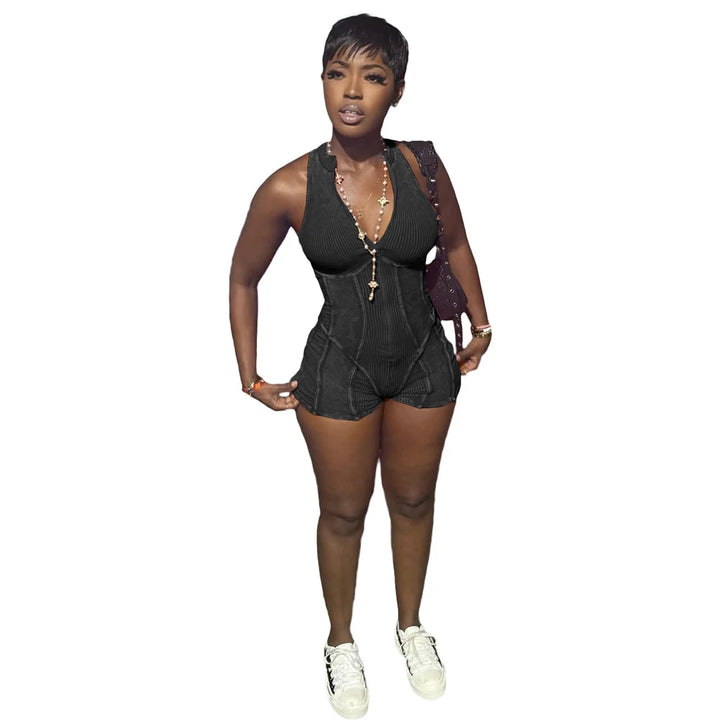 Mulheres Ribbed 1 Peça Macacão 2025 Verão Casual Lavado Retro Playsuits Roupas de Rua Sexy V Neck Sem Mangas Bodycon Macacões