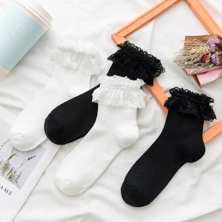 Meias femininas rendadas lolita jk estilo japonês branco preto sólido kawaii menina algodão bonito meias tornozelo para famale носки женские