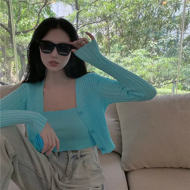 Mulher Suéteres Cardigan Terno Feminino Pequeno Sling Malha Cardigan Conjunto de Duas Peças Top