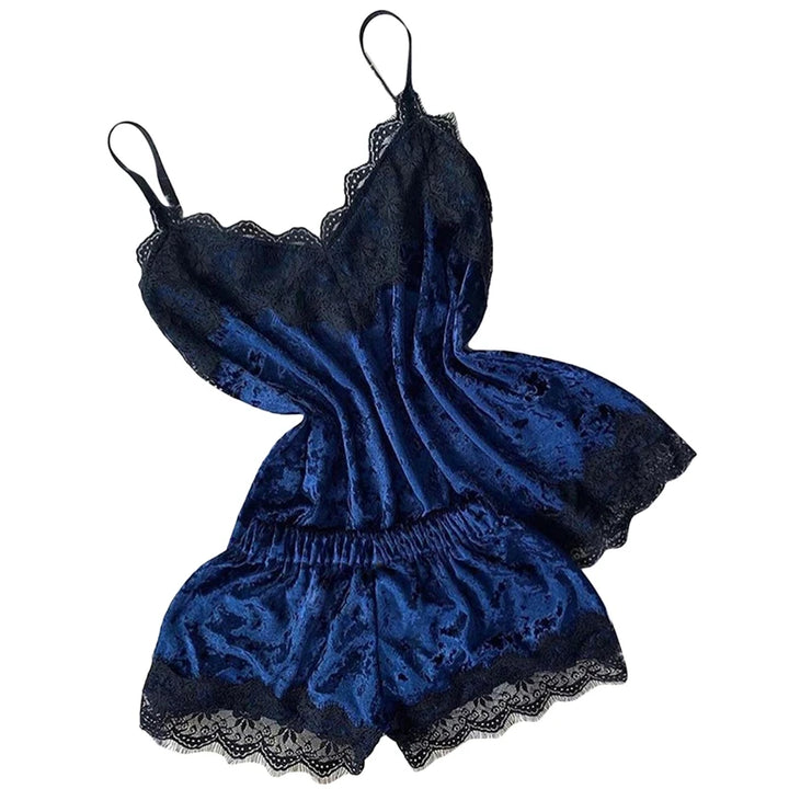 Pijama feminino, moda, decote em V, cetim elástico, babydoll, renda, lingerie sexy, laço, pijama, shorts, conjunto de 2 peças, roupa de dormir