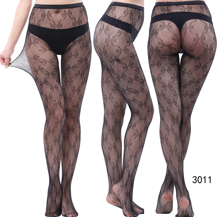Meias-calças femininas sexy arrastão, trama jacquard, sem costura, fios, ligas, malha de peixe, meias pretas, aranha, renda gótica