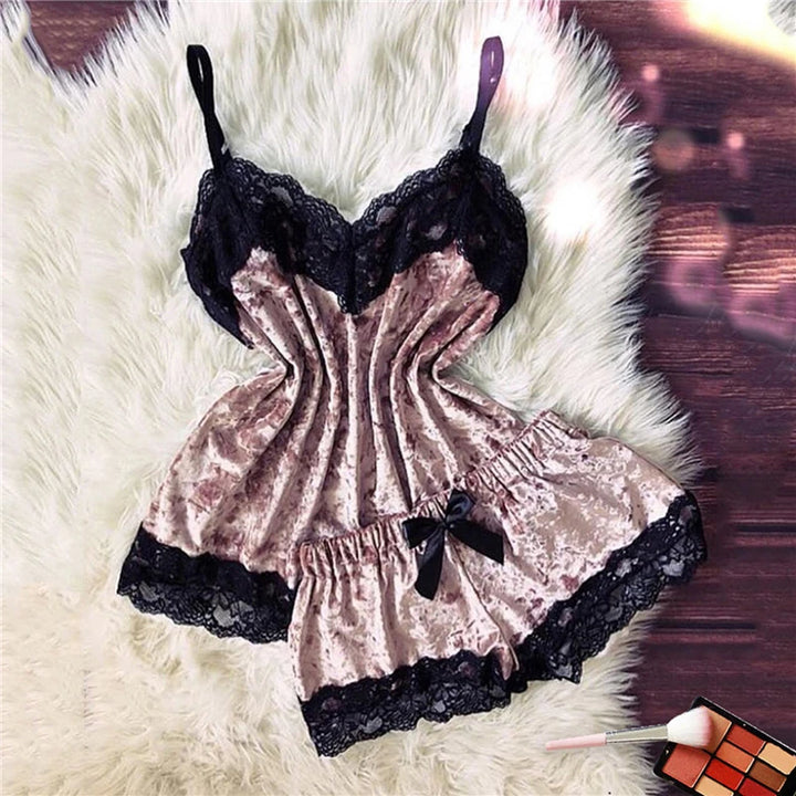 Pijama feminino, moda, decote em V, cetim elástico, babydoll, renda, lingerie sexy, laço, pijama, shorts, conjunto de 2 peças, roupa de dormir