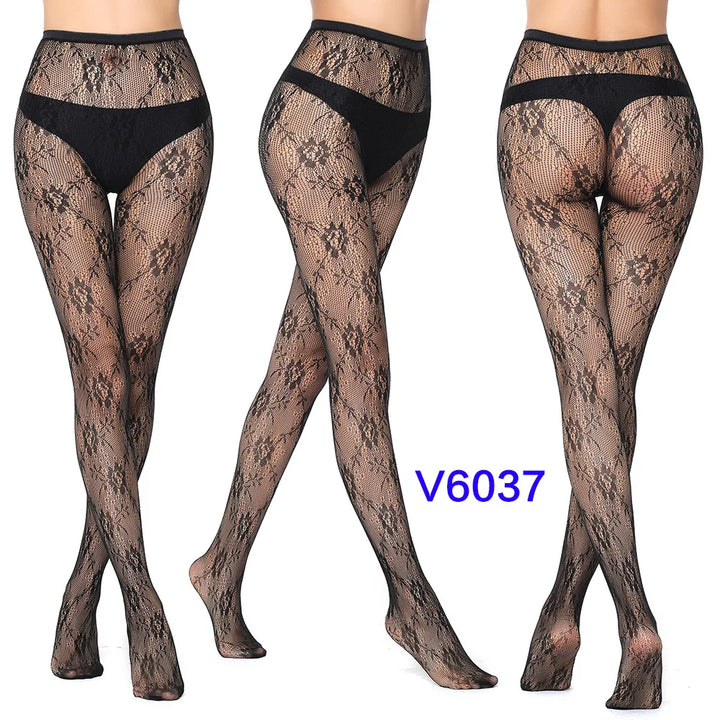 Meias-calças femininas sexy arrastão, trama jacquard, sem costura, fios, ligas, malha de peixe, meias pretas, aranha, renda gótica