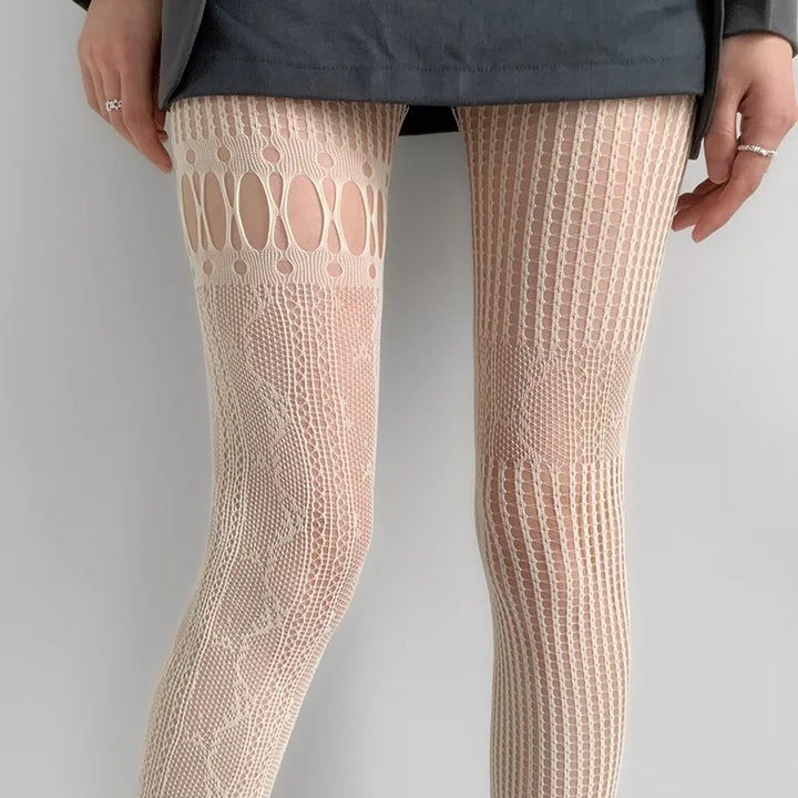 Meias arrastão de cintura alta sexy femininas, meia-calça de malha, meia-calça de malha, jeans rasgado, meias longas, lingerie quente