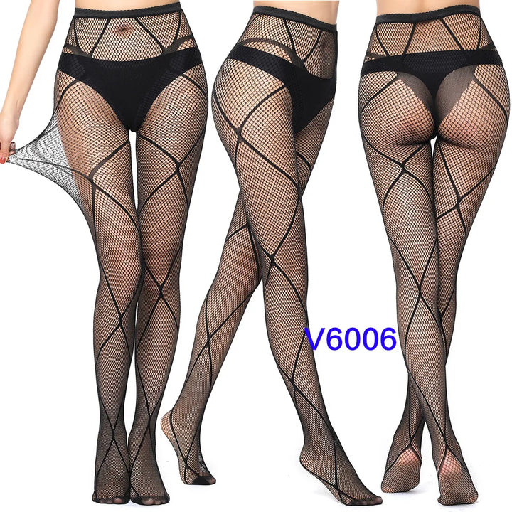 Meias-calças femininas sexy arrastão, trama jacquard, sem costura, fios, ligas, malha de peixe, meias pretas, aranha, renda gótica